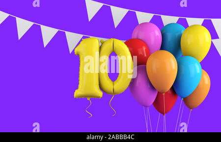 Glücklich 10. Geburtstag bunte party Ballons und Bunting. 3D-Rendering Stockfoto
