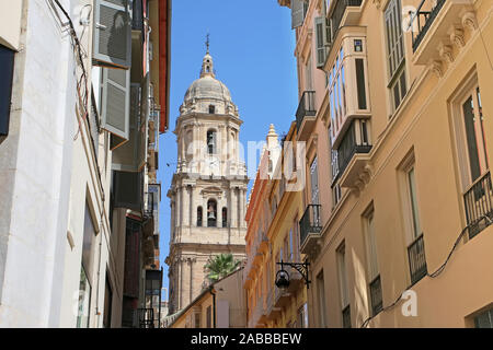 Mit Blick auf den Dom durch die engen Gassen der Stadt, in der Innenstadt, Malaga, Andalusien, Südspanien. Stockfoto