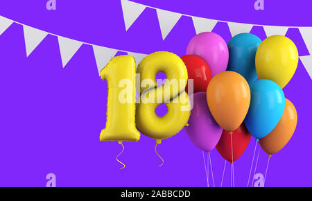 Glücklich 18. Geburtstag bunte party Ballons und Bunting. 3D-Rendering Stockfoto