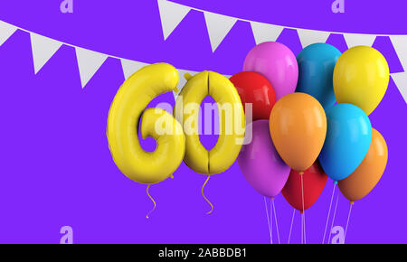 Glücklich 60. Geburtstag bunte party Ballons und Bunting. 3D-Rendering Stockfoto