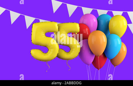 Happy 55th birthday Bunte party Ballons und Bunting. 3D-Rendering Stockfoto