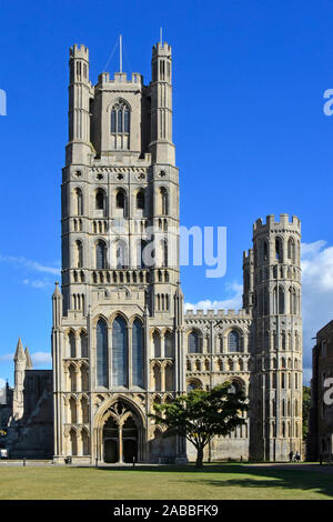 Ely Dombau beliebt für Besucher des historischen und religiösen Tourismus Norman West Tower aus dem Domgrün Cambridgeshire East Anglia England Großbritannien Stockfoto