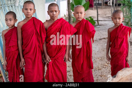 Junge buddhistische Mönche mit rasierten Köpfen und scharlachroten Roben in einer Zeile in einem Kloster entlang der Chindwin Fluss in Myanmar (Birma) Stockfoto