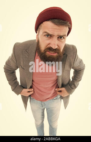 Was haben sie gesagt. Bärtige hipster brutale Person. Bully Hipster. Schule des guten Benehmens. Tipps und Tricks gut aussehender Mann. Arrogante unhöfliche hipster Mann. Bärtige und stattlich. Selbstverbesserung Konzept. Stockfoto