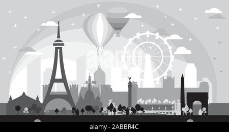 Monochrome Pariser Skyline silhouette Vector Illustration in schwarzen und grauen Farben auf schwarzem Hintergrund. Panoramablick auf die Vector Illustration von Wahrzeichen von Pa Stock Vektor