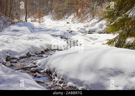 Fluss der sich durch Schnee an einem sonnigen Tag, während einer Wanderung im Bucegi-gebirge, Rumänien, im Winter. Stockfoto