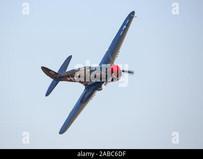 MONROE, NC (USA) - 9 November, 2019: eine P-40 Warhawk Jagdflugzeug im Flug bei den Warbirds über Monroe Air Show. Stockfoto