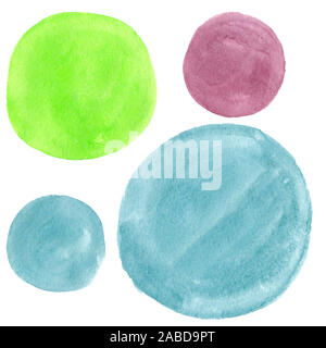 Satz von Hand gezeichnet Aquarell runde spritzt auf weißem Hintergrund. Abstrakte Farbe Textur. Pinselstrich mit Kopie Platz für Text. Blog decorat Stockfoto