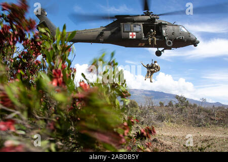 Soldaten, die in den 25 Combat Aviation Brigade und 2. Staffel, 14 Cavalry Regiment, 2 Infantry Brigade Combat Team, 25 Infanterie Division Verhalten hoist MEDEVAC Ausbildung während eines Brandes unterstützen Abstimmung November 19, 2019 at Pohakuloa Training Bereich auf der Insel Hawaii. Die FSCX ist eine der realistischsten Schulungsveranstaltungen angeboten, so dass Nachwuchsführungskräfte praktische Erfahrung mit Calling koordinierte Brand Missionen und beobachten Brände Auswirkungen, wenn mit einem Manöver Element gekoppelt zu gewinnen. Stockfoto