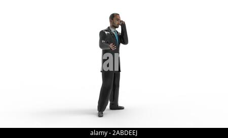 3D-Rendering von einem Mann ruft auf dem Handy in weißem Hintergrund Stockfoto