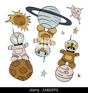 Set mit niedlichen Tiere im Raum. Fuchs, Waschbär und Rotwild in Raumanzügen auf Planeten auf weißem Hintergrund. Vector Illustration. Stock Vektor