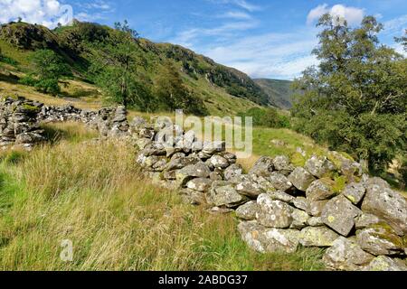 Trockenmauern unter rauen Felsen, Riggindale, Haweswater, Cumbria Stockfoto