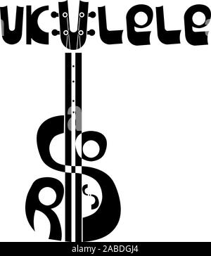 Ukulele Akkorde Logo. Hawaiian guitar. Beschriftung des Wortes Ukulele, Akkorde und Instrument. Einfachen Vektor illustration Stock Vektor