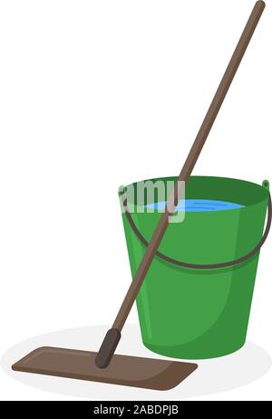 Mop und grünen Eimer mit Wasser Vector Illustration. Nasser Boden Reinigung Service Equipment isolierte flache Symbol Stock Vektor