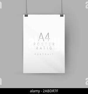 Vertikale Poster mockup. Leere DIN A4 Rahmen hängen mit Büroklammern und Soft Shadows. Vector Illustration. Stock Vektor