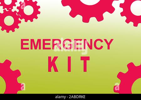 EMERGENCY KIT Zeichen Konzept Abbildung mit roten Zahnrad Zahlen auf gelbem Hintergrund Farbverlauf Stockfoto