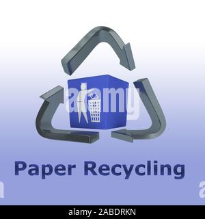 3D-Abbildung: Papier Recycling Titel unter einem Abfallbehälter innerhalb einer Recycling Symbol Stockfoto