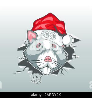 Cartoon Maus mit einem Hut und die Ziffern 2020 ein Loch in der Wand Stock Vektor