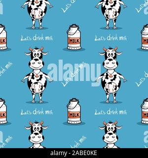 Seamless Pattern cow Cartoon und Milch Schaufel auf blau-grünen Hintergrund. Konzept der Milch trinken lassen. Vector Illustration flache Bauform. Stock Vektor