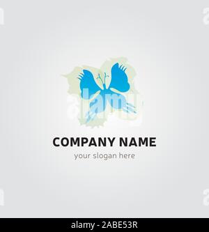 Single Logo - Blauer Schmetterling auf grüne Blätter Hintergrund für Unternehmen Logo Stock Vektor