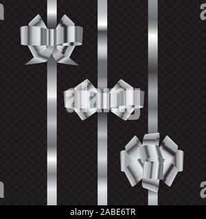 Set Vektor glänzendes Silber Schleife auf dunklen chekered Hintergrund isoliert. Dekoration für Geschenke, Kisten, Pakete für Urlaub, frohe Weihnachten, Neujahr, Stock Vektor