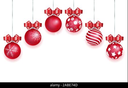 Satz von Vector rot Glas frohe Weihnachten Kugeln dekoriert verschiedene Ornamente auf weißem Hintergrund. Nützliches Konzept zur Illustration Frohes neues Ihr Stock Vektor