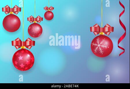 Vektor Frohes neues Jahr blue bokeh Hintergrund mit roten Kugeln aus Glas mit Bögen und Mustern. Bereit Vorlage für die Grußkarte. Stock Vektor