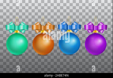 Der Vektor realistische Glas neues Jahr Kugeln dekoriert mit gebunden bunte Schleife auf kariertem Hintergrund 3D Illustration bereit Konzept für Merry christm Stock Vektor