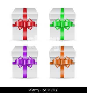 Der Vektor weiße Felder für Geschenke mit Farbe Bögen dekoriert. Vorderansicht. Realistische Abbildung. Stock Vektor