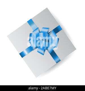 Vektor weiß geschlossener Kasten mit blauem Bogen für Geschenke oder Geschenke auf weißem Hintergrund. Realistische Abbildung. Ansicht von oben. Stock Vektor