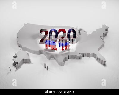 Karte der Vereinigten Staaten von Amerika mit der Republikanischen und der Demokratischen Partei Symbole mit 2020-Konzept für USA Wahlen - 3D-Rendering Stockfoto