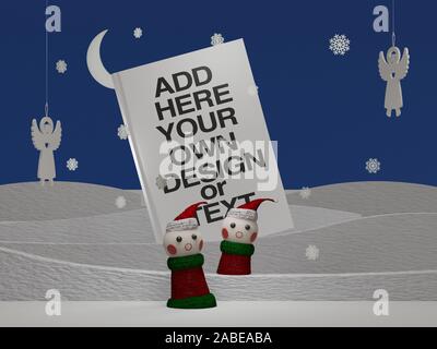 Weihnachten Elfen in einer Winternacht mit einem Buch für Promotion - 3D-Rendering Stockfoto