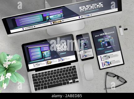Responsive Design Website auf Geräte Draufsicht Holz- Desktop 3D-Rendering Stockfoto