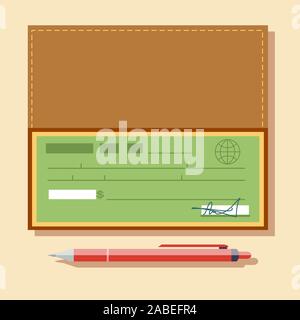 Vector Abbildung prüfen. Symbol im flachen Stil überprüfen. Buchen Sie auf farbigem Hintergrund prüfen. Bankscheck mit Stift. Stock Vektor