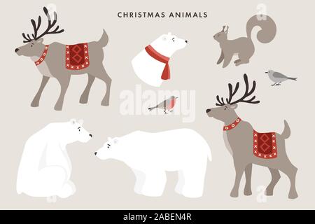 Satz von wild Winter Tiere. Niedliche Eisbären, Rentieren, Eichhörnchen und finch Vögel. Weihnachten nordic Design für Grußkarten. Vektor Cartoon Stock Vektor