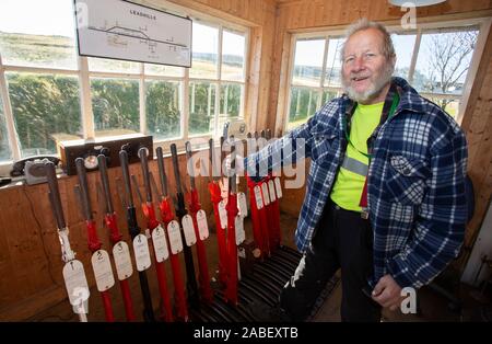 Die Leadhills and Wanlockhead Railway, eine 2 ft-Schmalspurbahn in South Lanarkshire, Schottland, die zwischen Leadhills und Wanlockhead verläuft Stockfoto