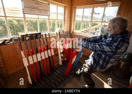 Die Leadhills and Wanlockhead Railway, eine 2 ft-Schmalspurbahn in South Lanarkshire, Schottland, die zwischen Leadhills und Wanlockhead verläuft Stockfoto