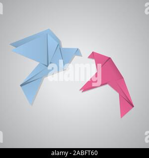 Rosa und Blau origami Tauben auf dem grauen Hintergrund. Stock Vektor
