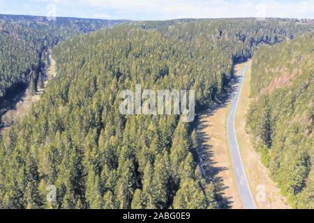 Aquarell Abbildung: Luftbild von einer Landstraße durch die bewaldeten Berge des Harzes, Antenne Stockfoto