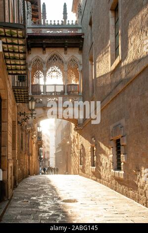 Die Brücke über die Carrer del Bisbe in Barri Gotic, Barcelona, Katalonien, Spanien Stockfoto