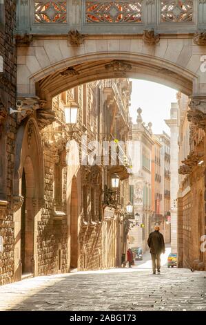 Die Brücke über die Carrer del Bisbe in Barri Gotic, Barcelona, Katalonien, Spanien Stockfoto