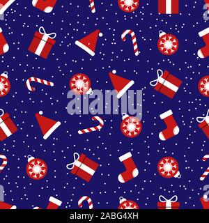 Nahtlose Hintergrund mit Weihnachten und Neujahr Symbole. Santa Hut, Socke, Zuckerrohr, Geschenk, glas kugel auf einem blauen Hintergrund. Flaches Design. Stock Vektor