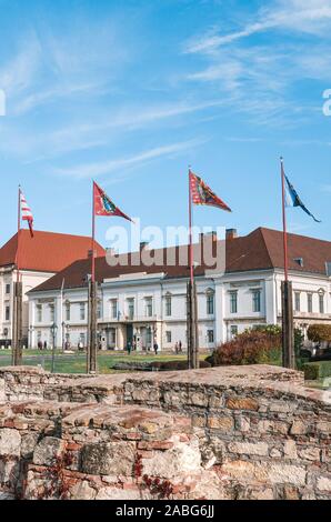 Wehenden Fahnen im Innenhof von Schloss Buda in Budapest, Ungarn. Sandor Palast, der Sitz des ungarischen Präsidenten, im Hintergrund. Wände Ruinen in den Vordergrund. Vertikale Foto. Stockfoto