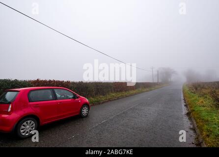 East Lothian, Großbritannien. November 2019. UK Wetter: Nach 3 Tagen starken Regens, das miserable Wetter mit starkem Nebel führt zu schwierigen Fahrbedingungen mit Sicht auf nur ein paar hundert Meter auf kleinen Landstraßen Stockfoto