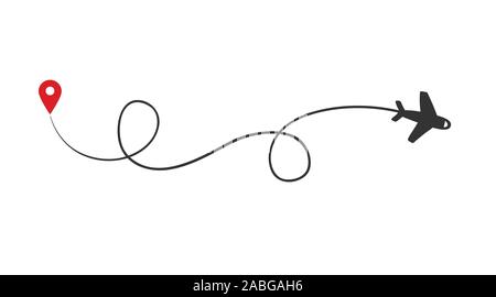 Schwarze Linie der Ebene. Flug weg mit Dash und gestrichelte Linie verfolgen. Vektor Stock Vektor