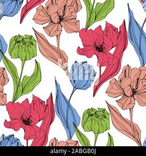 Vektor Tulip graviert Tinte Art Floral botanischen Blume. Nahtlose Muster. Stofftapeten drucken Textur. Stock Vektor