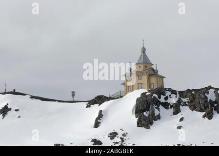 Die Russische Orthodoxe Kirche an Bellingshausen Station, King George Island, South Shetland Islands, Antarktis Stockfoto