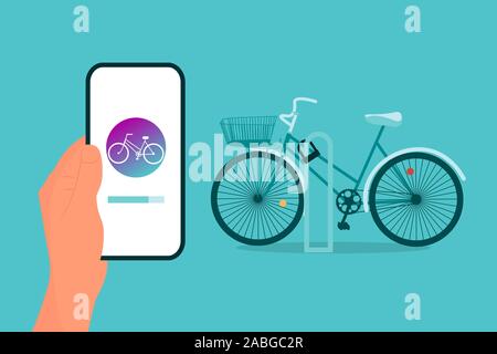 Hand smart phone mit dem Fahrrad im App laden auf dem Bildschirm. Blauen Hintergrund. Flat Style Vektor. Stock Vektor