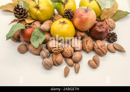 Gruppe von Herbst Ernte mit Äpfeln, vergilbte Quitte, Mandeln, Walnüsse, reife rote Persimmon zwischen Kegel und trockenen vergilbte Blätter Stockfoto