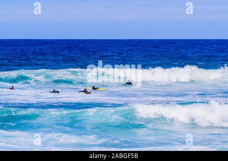 Gruppe von Surfer Warten auf den Tisch zu brechen Wellen am Strand von Las Americas. April 11, 2019. Santa Cruz De Tenerife Spanien Afrika. Reisen Tourismus Stockfoto